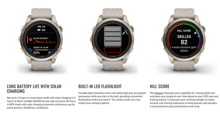 Garmin fēnix 7S Pro Sapphire Solar, Multisport GPS Smartwatch, Built-in  Flashlight, Solar Charging Capability, Sand 